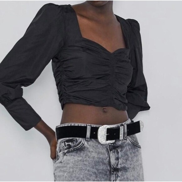 CLOSEOUT SALE MAKE AN OFFER-Zara black long puff sleeve ruched crop top size S - Picture 2 of 9